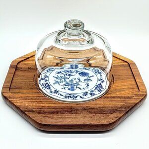 Vintage Dolphin Teakwood Cloche Blue White Center Tile Cheese Board
